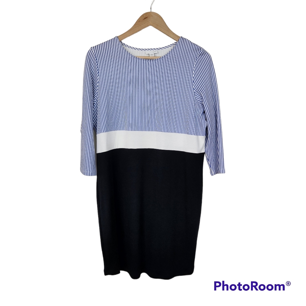 J. Jill Blue White Striped 3/4 Sleeve Midi Dress Sz M Petite